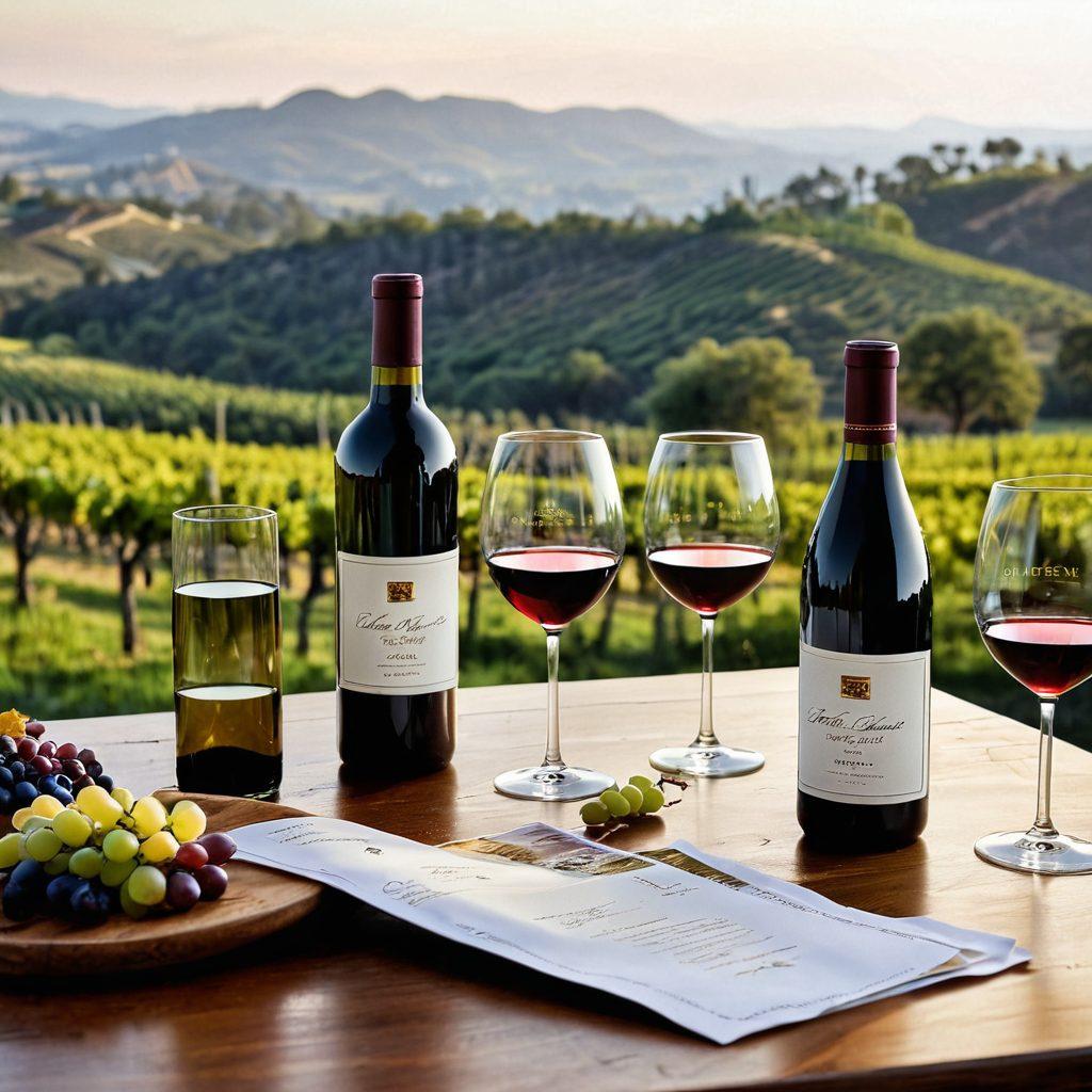 An elegantly set wooden table adorned with an array of premium wine bottles, each with distinct labels, and crystal wine glasses catching the soft light. Include a scenic vineyard in the background with rolling hills and grapevines, symbolizing the beauty of wine-making. Add subtle hints of an online shopping theme, like a laptop displaying a wine website, blending tradition with modernity. Highlight warm, inviting colors to evoke a sense of luxury and comfort. super-realistic. vibrant colors. soft-focus background.
