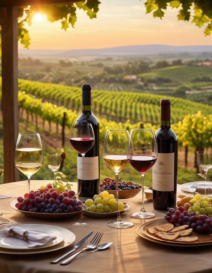 A beautifully set dining table adorned with elegant wine glasses and a selection of wines, surrounded by soft ambient lighting. Include a backdrop of a vineyard under a sunset, showcasing grapes on the vine and a cozy event atmosphere. Couple enjoying a toast with joy, emphasizing celebration and connection. super-realistic. vibrant colors. romantic ambiance.
