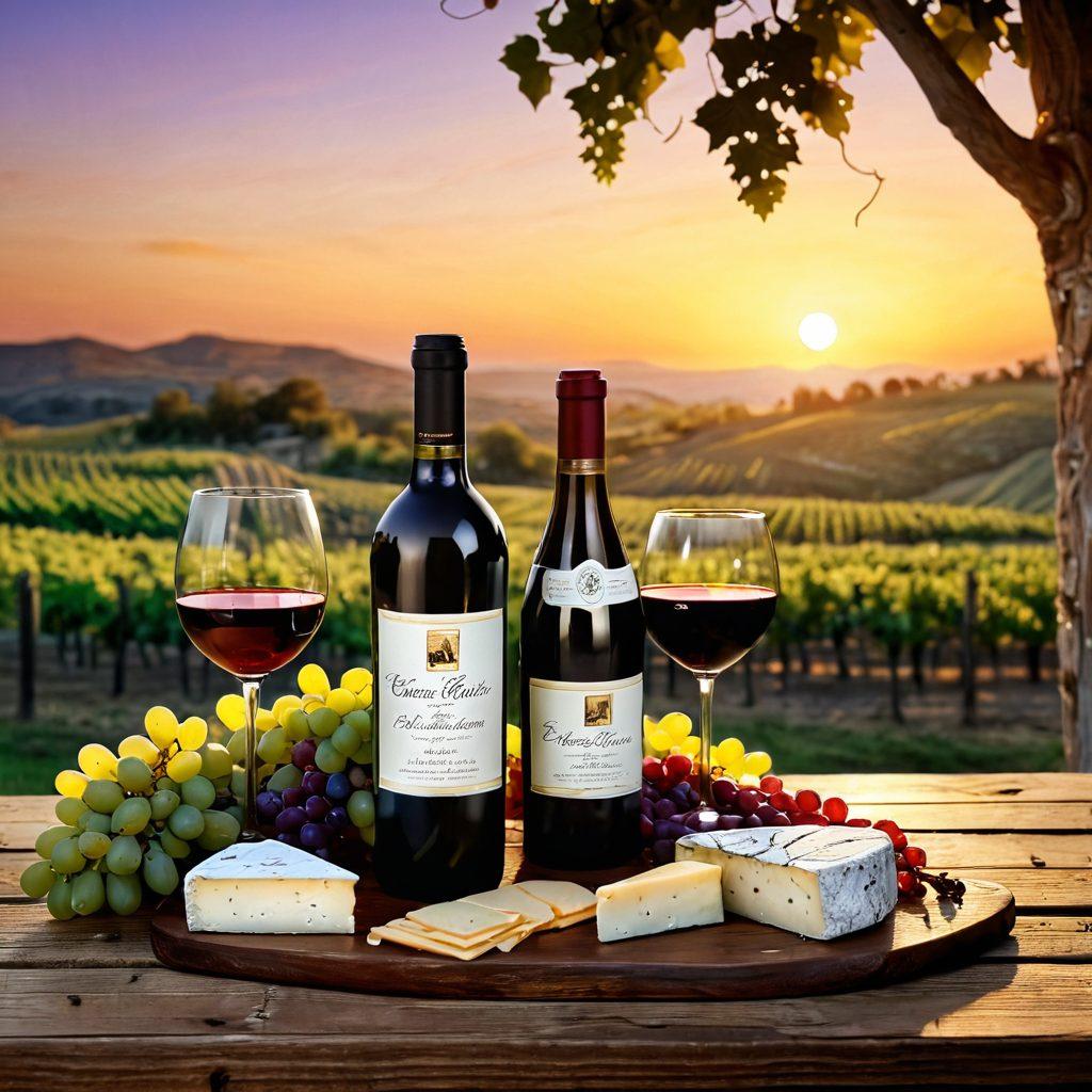 A rustic wooden table set with an elegant wine bottle and glass, surrounded by grapes and cheese, soft candlelight illuminating the scene. The background features a beautiful vineyard under a golden sunset, evoking a sense of warmth and relaxation. Artistic elements like an open wine guide and tasting notes are subtly included to enhance the experience. super-realistic. warm colors. 3D.